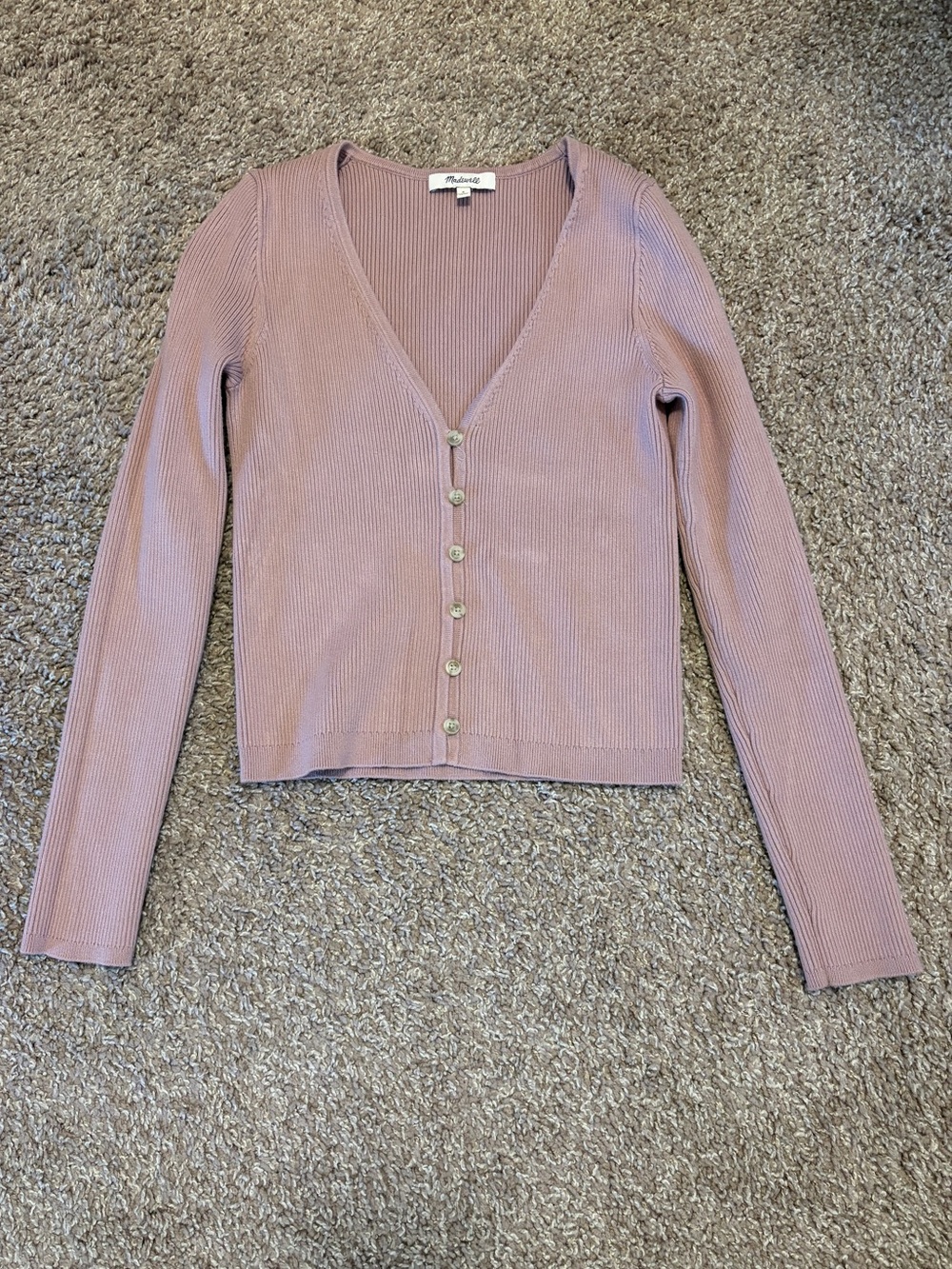 Madewell Mauve Ribbed Button-Front Cardigan